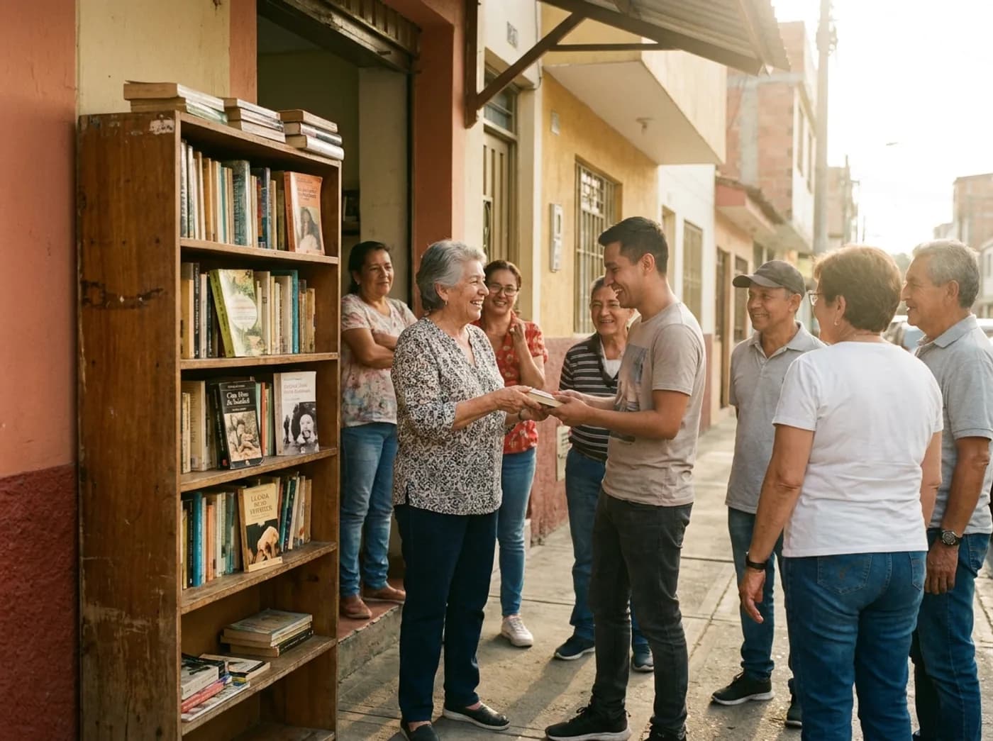 Vecinas y vecinos intercambiando libros frente a un estante en una biblioteca popular del barrio